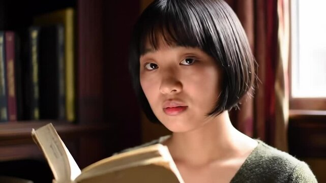 Young woman reading a book indoors, sunlight streaming through a window, cozy atmosphere - modern short hair for women