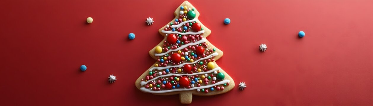 Festive christmas tree-shaped cookie decorated with colorful candies.
