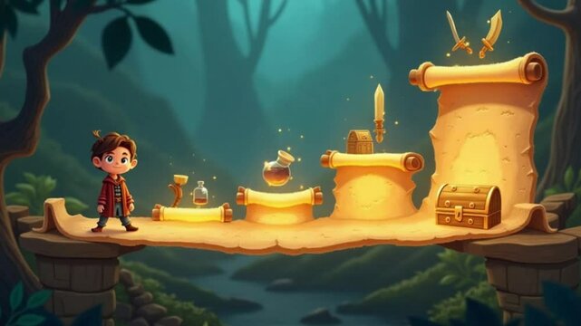 Fantasy scroll progress bar RPG gamified dashboard sword potion chest avatar level up sparkle enchanted forest milestone magic adventure 4K video download