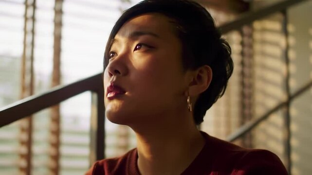 Thoughtful woman gazing upwards, illuminated by soft light through window blinds in a serene setting - modern short hair for women