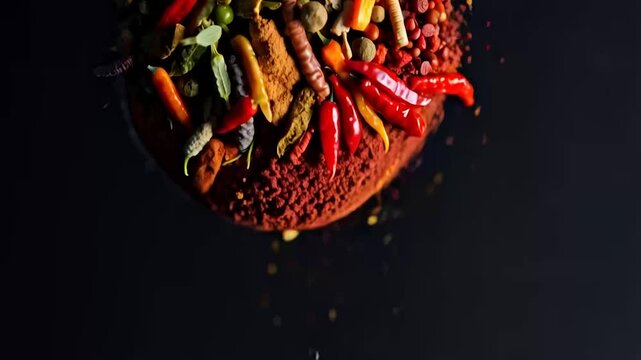 Mixture of ground spices, assorted peppers, salt, and small red chili peppers slowly rising and falling against a black background. Captured at 300fps in slow motion, showcasing vibrant colors and det