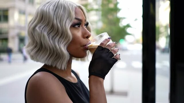 Woman with stylish short hair enjoys iced coffee while standing in a vibrant city street setting - modern short hair for women
