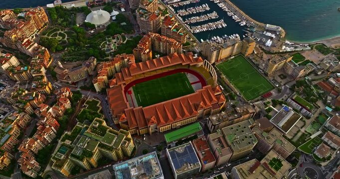 Aerial view of the city center of Monaco. Birds eye aerial view of traffic in Monte Carlo, Monaco. Aerial view of the city of Monaco