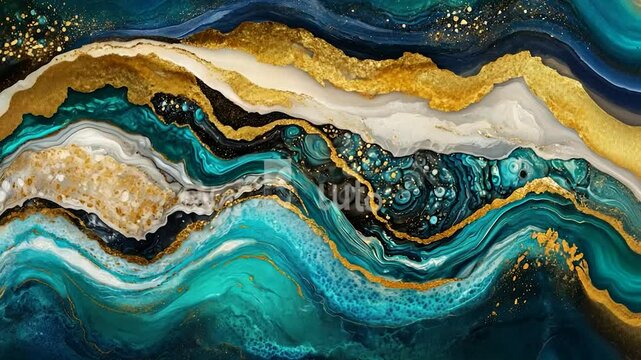 Abstract painting with teal, gold, and white marbled patterns