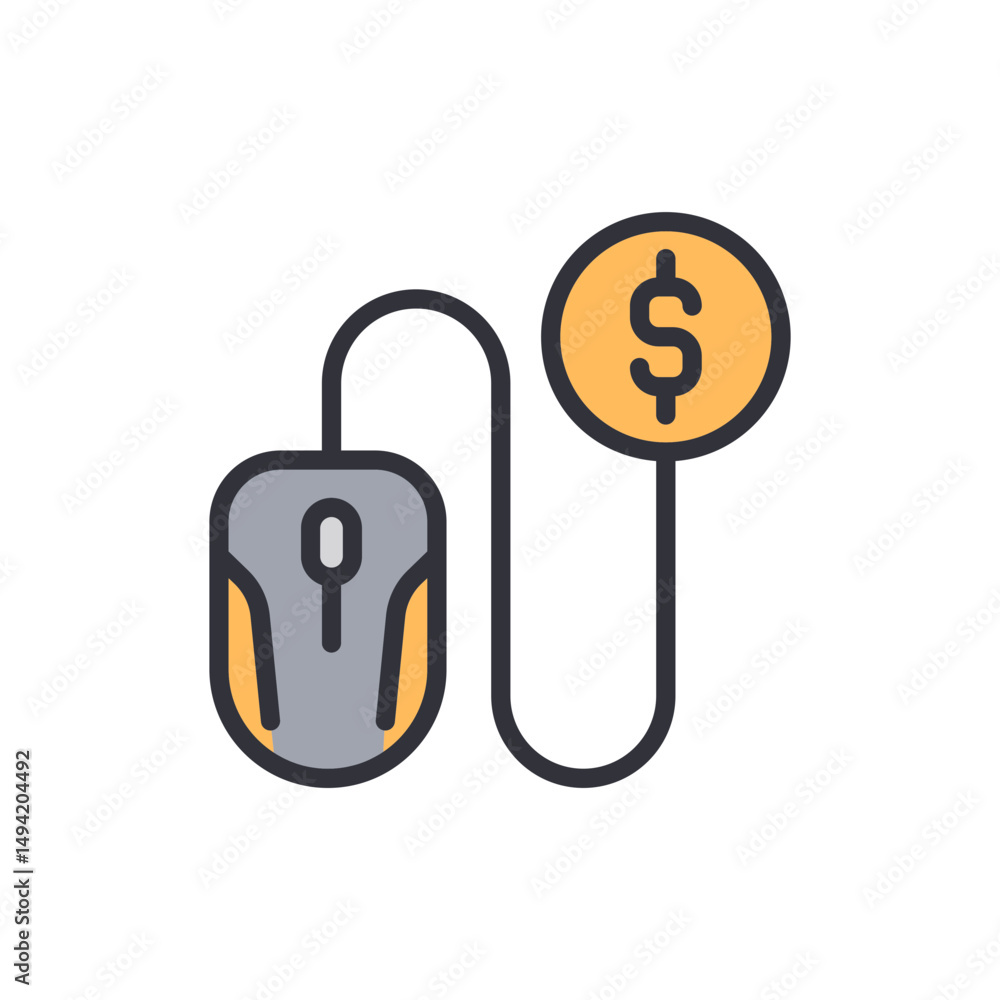 Poster mouse cursor connects to a coin illustrating pay per click concept