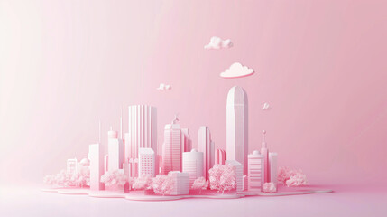 minimal 3D of smart city and building with eco symbols on pastel background