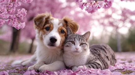 A cute puppy and kitten relax together under blooming cherry blossom trees, showcasing the essence of friendship and tranquility.
