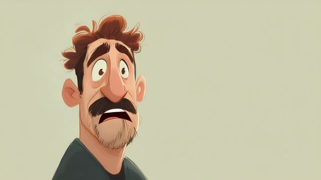 Animated portrait of a surprised man with brown hair, a large nose, and a mustache against a muted beige background. The style is painterly and slightly cartoonish.  He appears worried or fearful.
