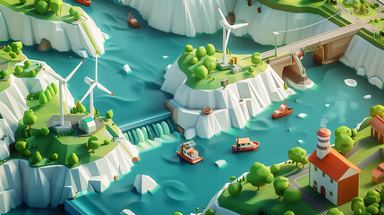 3D landscape of mini hydroelectric stations and boats on blue river