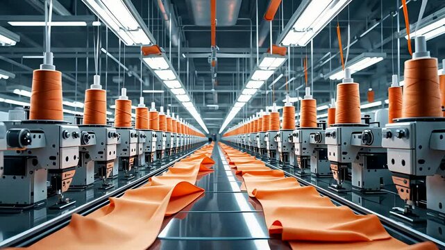 Automated Textile Manufacturing Factory with Rows of Sewing Machines and Orange Fabric Under Bright Lights