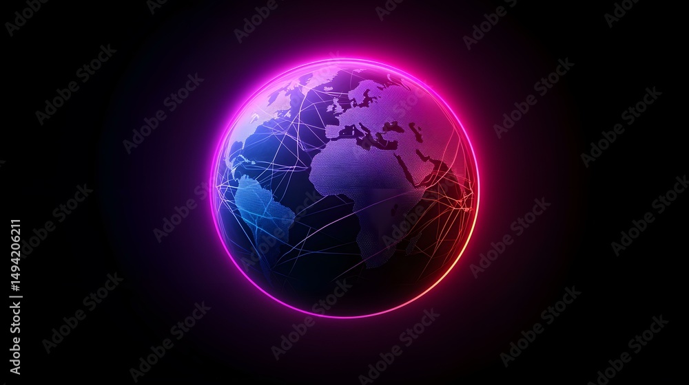 Poster the image contains a stylized 3d rendering of planet earth, depicted as a dark sphere with continent