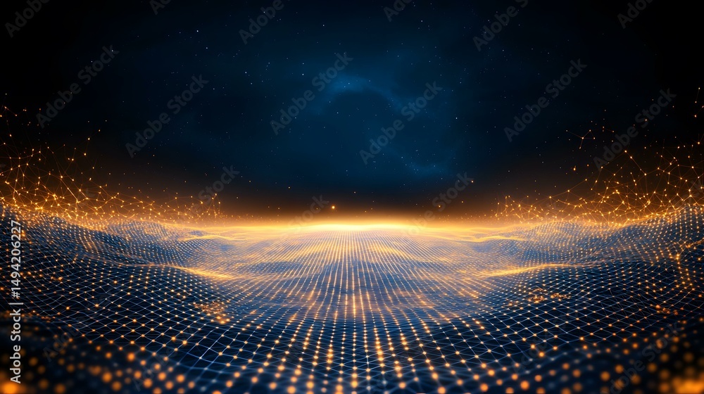 Poster the image shows a digital rendering of a glowing, interconnected network resembling a landscape unde