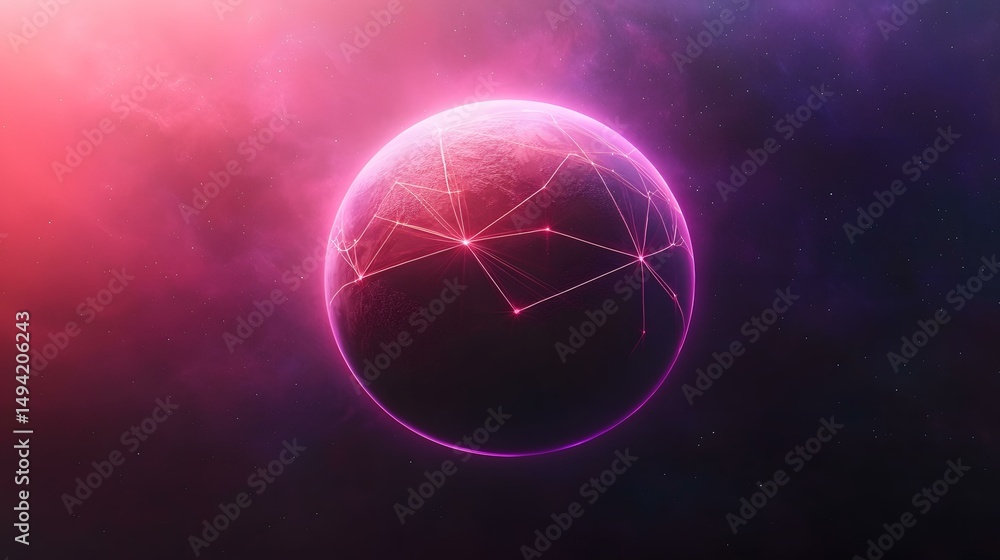 Poster a dark planet with a pink glow, surrounded by a nebula, is shown with a network of pink lines connec