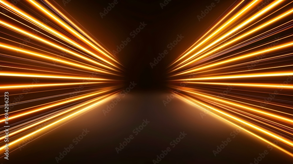 Poster the image contains abstract, radiant, gold-colored light streaks converging towards a central dark p