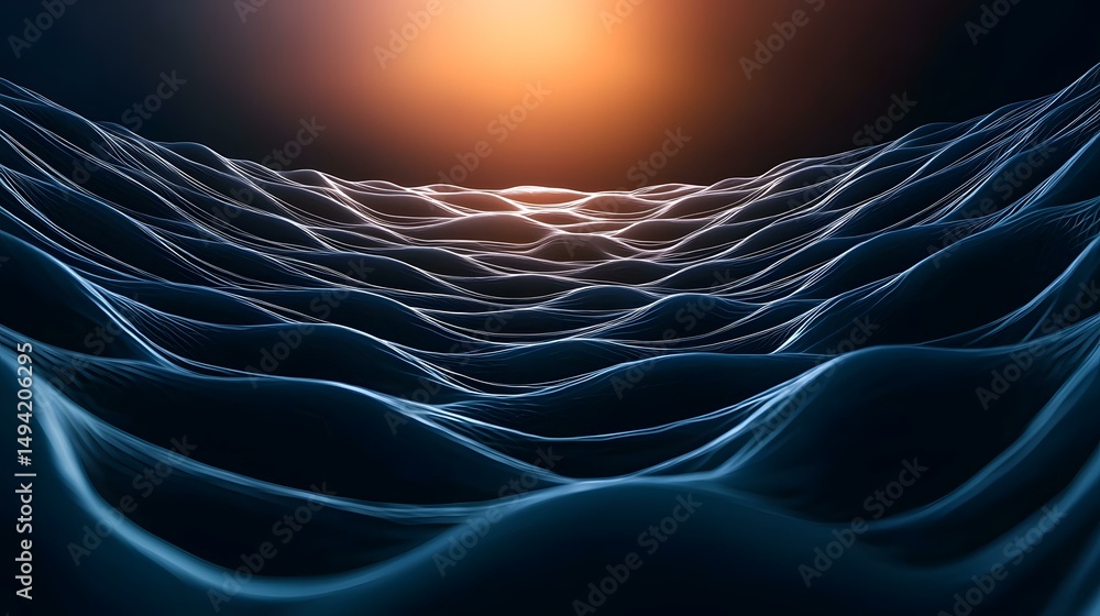 Poster the image shows a dark blue, undulating landscape with soft, flowing lines that resemble waves or fa