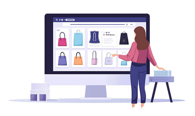 Online shopping, digital selling, ecommerce process, and customer experience through modern illustrated scenes on white background.