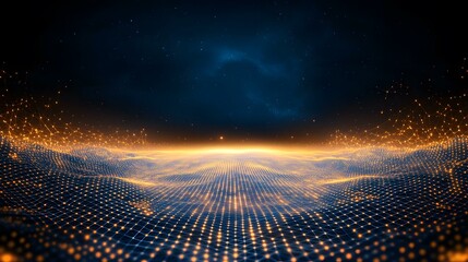 The image shows a digital rendering of a glowing, interconnected network resembling a landscape under a dark, starry sky.