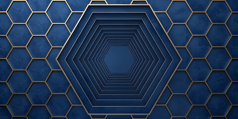 Abstract blue hexagon tunnel with gold trim geometric pattern