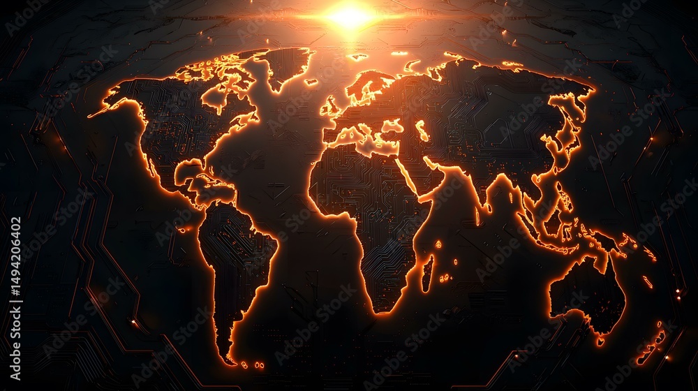 Poster the image shows a world map etched onto a dark, circuit board-like surface. the map is outlined in b
