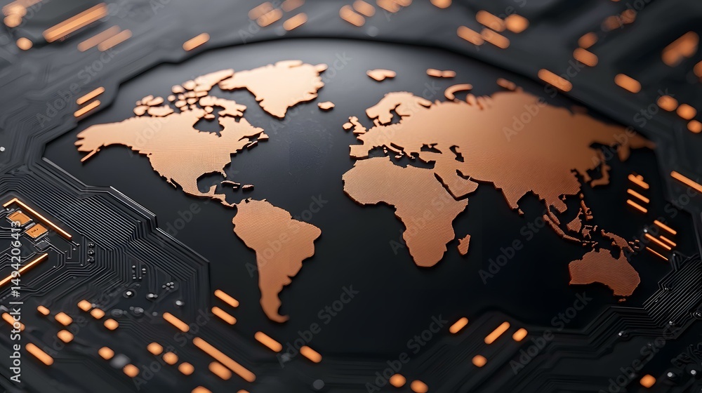 Aufkleber a copper-colored world map is embedded in a dark, circuit board-like surface, representing global co