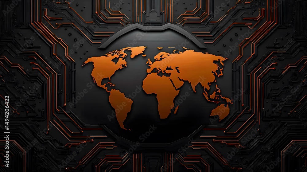 Poster an orange world map is embedded in a dark gray, circuit board-like background with orange wiring.