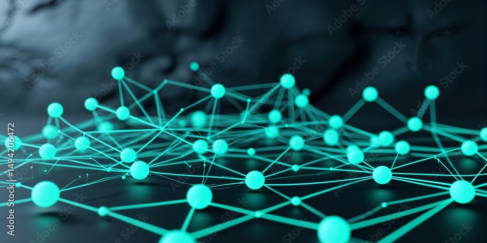 Poster futuristic digital network of interconnected nodes and lines creating a vibrant display of technolog