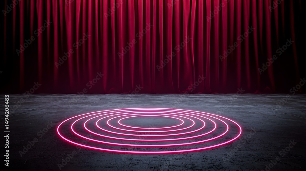Poster a dark room with a deep red curtain backdrop features a stage with concentric neon pink circles on a