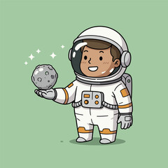 A cute cartoon astronaut holding a sparkling moon rock.

