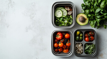 Flat lay of stainless steel lunchbox with space for text