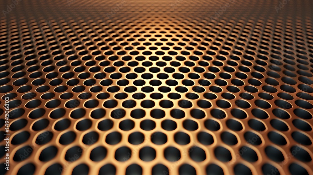 Poster a close-up reveals a metallic surface with a pattern of uniformly spaced, rounded holes, creating a 