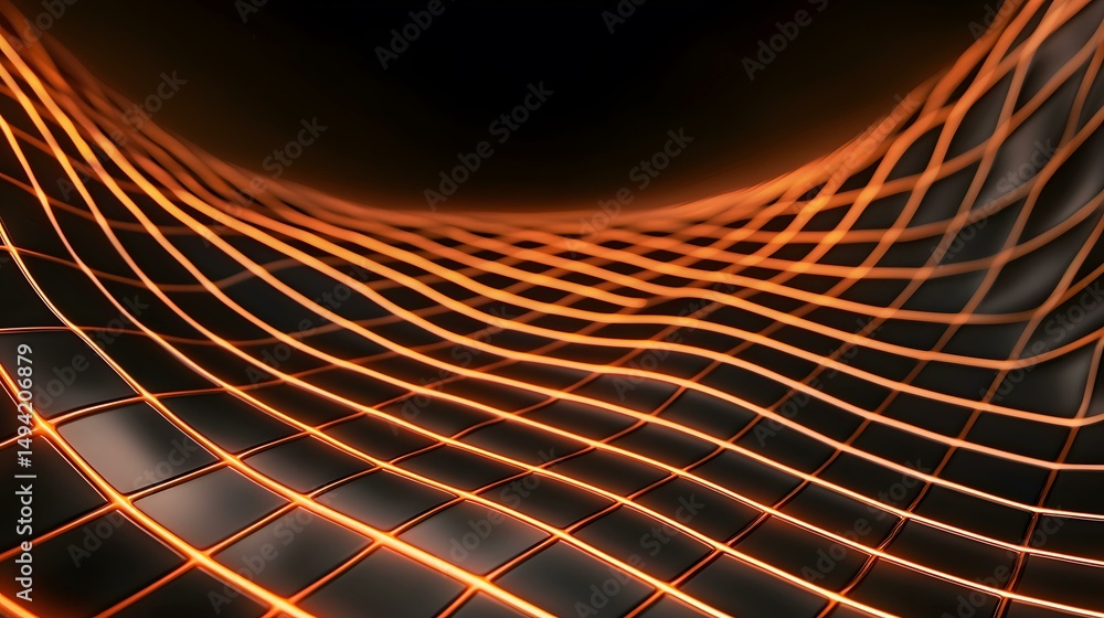 Poster a dark, undulating grid of square panels is illuminated by vibrant orange lines, creating a dynamic 