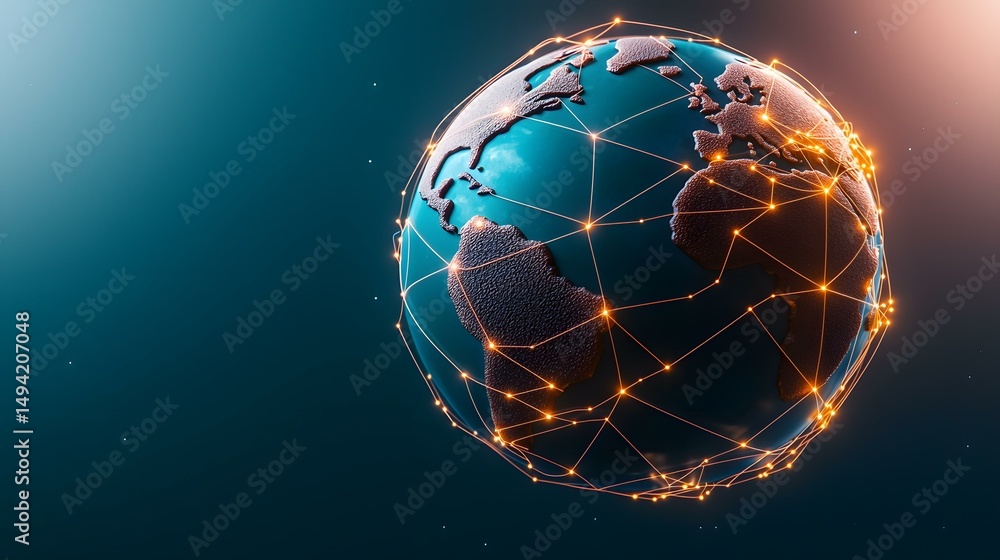 Aufkleber a teal 3d model of earth is enveloped by a network of glowing orange lines connecting various points