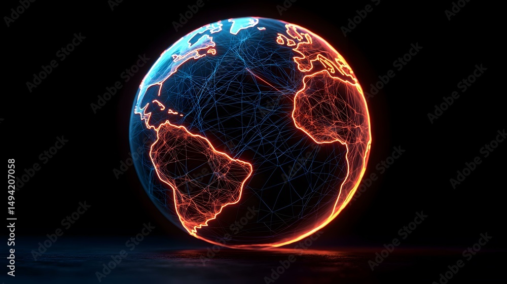 Poster the image contains a 3d rendering of the earth, depicted as a glowing orb with continents outlined i