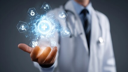 Healthcare in the digital realm: A doctor in a white coat, poised with a stethoscope, interacts with a network of digital medical symbols, a fusion of technology and care.