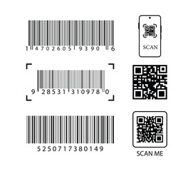 QR Code with text scan me icon and barcode icon collections. Dummy Barcodes and QR code label Collection. digital bar code and retail pricing bars labeling. QR code icon collections.