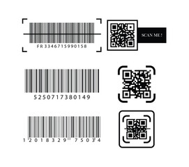 QR Code with text scan me icon and barcode icon collections. Dummy Barcodes and QR code label Collection. digital bar code and retail pricing bars labeling. QR code icon collections.