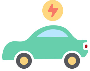 A green hand-drawn electric car with a lightning bolt icon. Ideal for eco-friendly, sustainability, or clean energy designs.