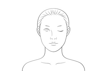 片目を閉じた一重のノーメイクの女性｜メイク練習・シミュレーション用線画イラスト素材