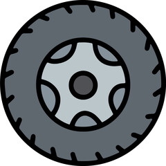A hand-drawn black car tire icon with a tread pattern. Suitable for driving, mechanics, or transportation-related content.