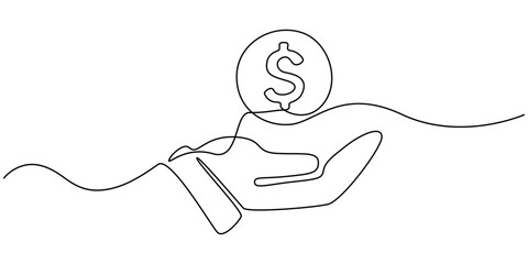 Continuous one line drawing of hand holding money bag. Money storage and investment single Line art. Saving, Investment and finance bank concept, Hand holding money bag with coins stack continuous one