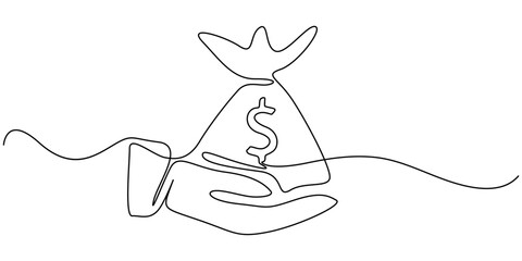 Continuous one line drawing of hand holding money bag. Money storage and investment single Line art. Saving, Investment and finance bank concept, Hand holding money bag with coins stack continuous one