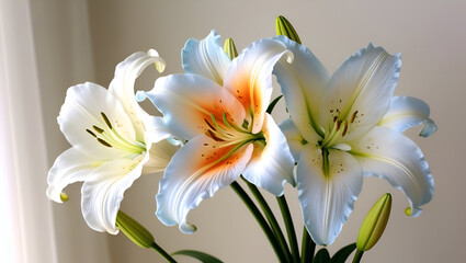 Fototapeta premium Macro shot capturing the delicate petals of white, orange, and light blue lilies in full bloom, showcasing their vibrant textures and graceful forms