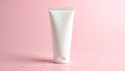 Cream tube. Blank cream tube template. Cream tube on pink background with drops of water.