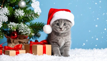 Christmas background with gifts, Christmas tree, snow, Santa hat. Cute kitten in Santa hat.