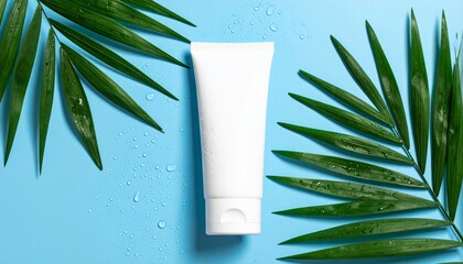 White tube of cream. Tube on cream on blue background. Blank tube. Drops of water on blue background, tube, palm leaves. Template of cream tube.
