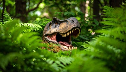 Fototapeta premium A Fierce and Angry T-Rex Dinosaur Emerging from Jungle Leaves with Only Its Head Visible, Captured in a Cinematic Shot with Dramatic Lighting to Create a Suspenseful and Terrifying Prehistoric Scene
