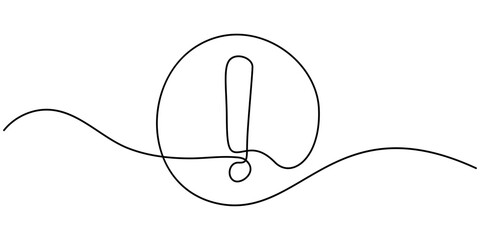 Attention Getting Continuous Line Editable Stroke Icon, Continuous linear drawing of exclamation mark. Single-line drawing of an exclamation mark. Exclamation mark in one line style vector.
