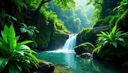 Emerald cascade plunges into lush Thai jungle , paradise, tropical