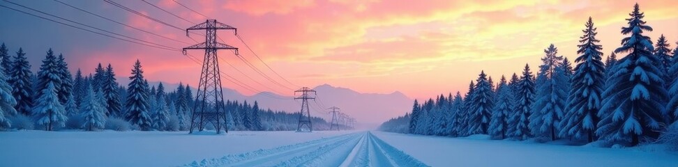 Stark silhouette of powerlines against snowy forest , power grid, black and white
