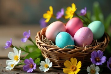 Speckled & solid colored eggs nestled in a rustic basket amidst blooming wildflowers, orange, pastel